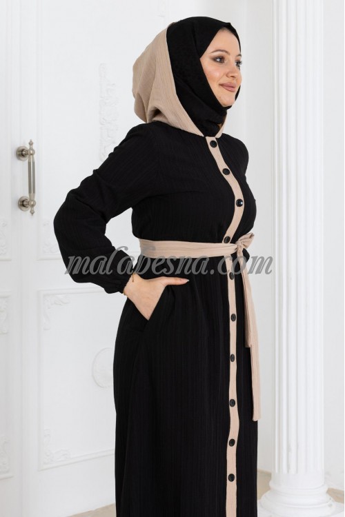 2 pieces black and beige suit with beige belt and Infront buttons