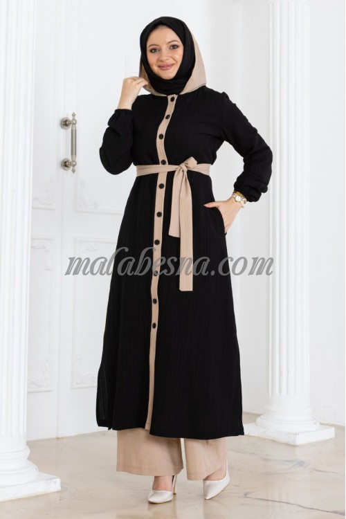 2 pieces black and beige suit with beige belt and Infront buttons