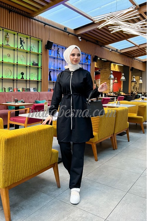 Black suit with in front zipper and inner belt