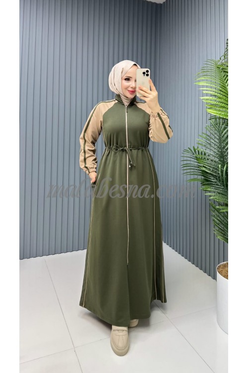 Green abaya with belt and beige color