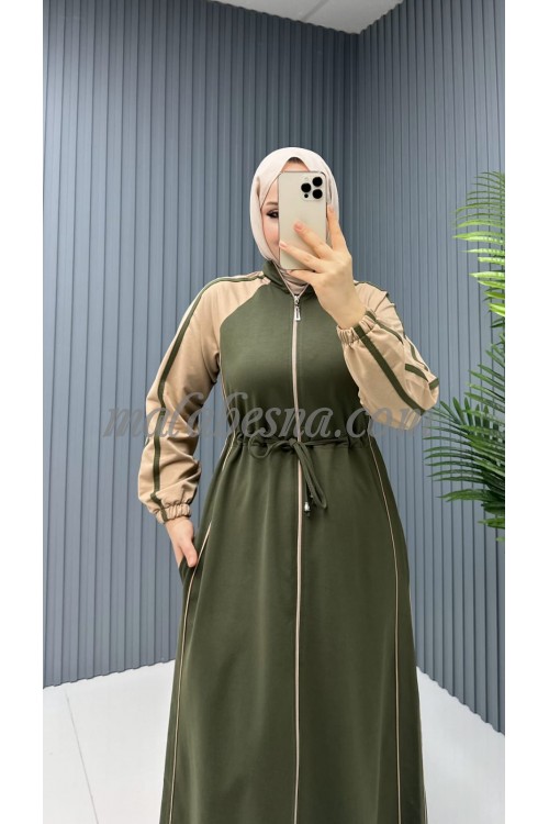 Green abaya with belt and beige color