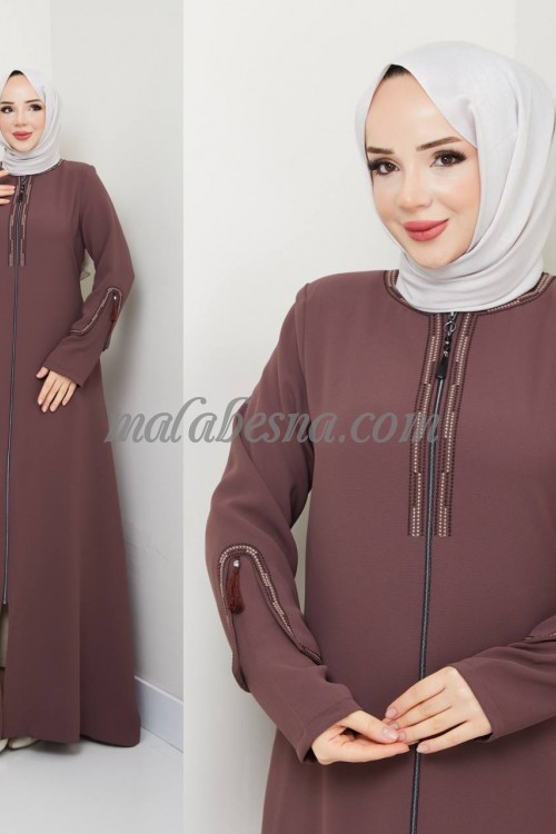 Brown abaya with pattern on the sleeves and the chest