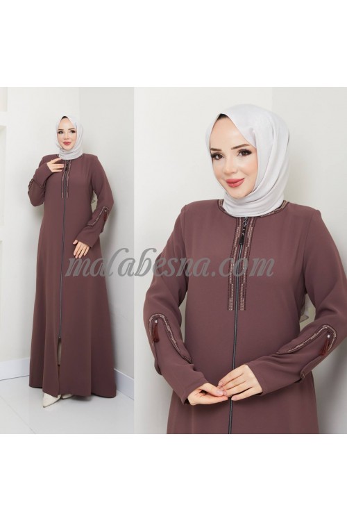 Brown abaya with pattern on the sleeves and the chest