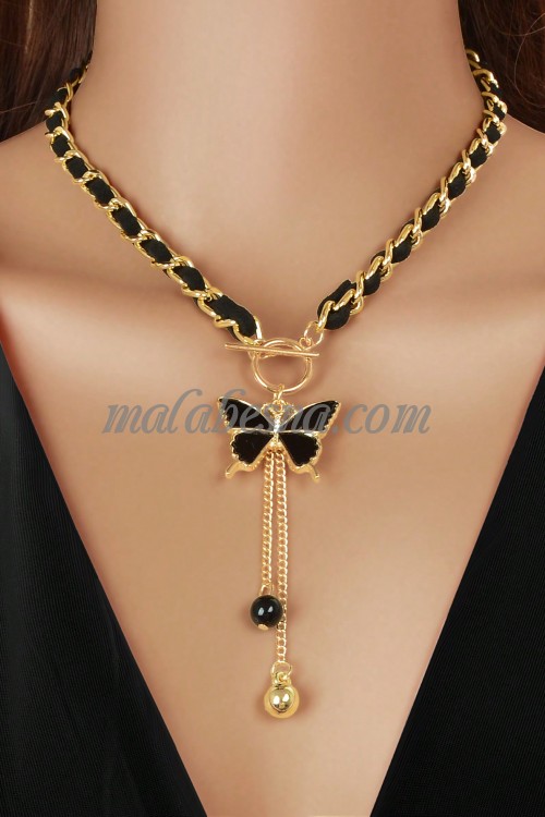 Golden necklace with black chain and butterfly