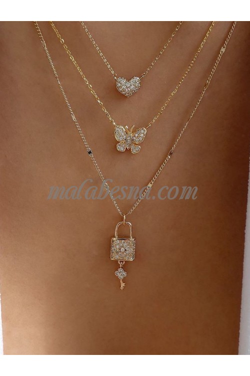 3 Layers of golden necklace with butterfly heart and lock