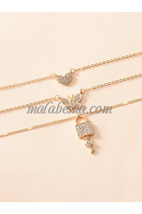 3 Layers of golden necklace with butterfly heart and lock