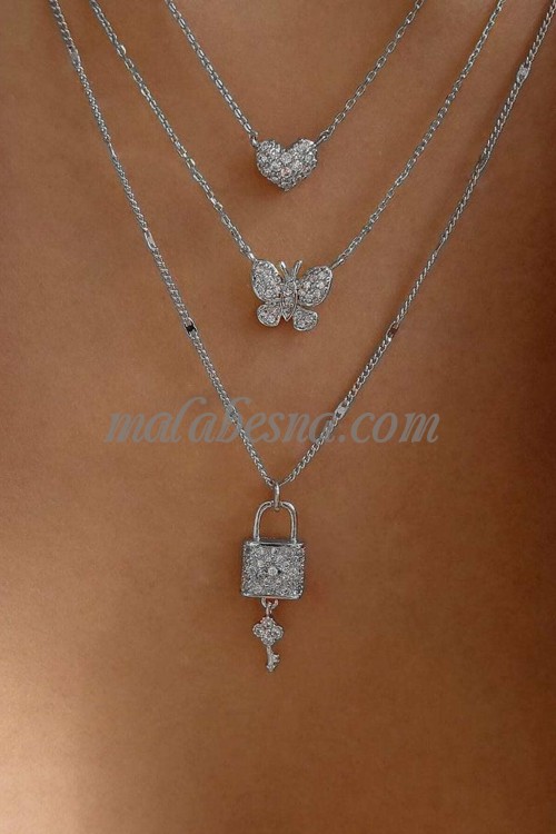 3 Layers of Silver necklace with butterfly heart and lock