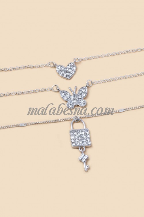 3 Layers of Silver necklace with butterfly heart and lock