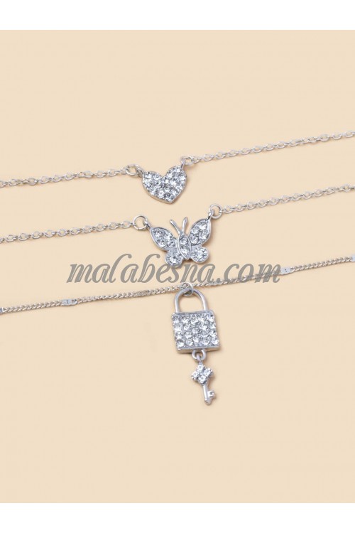 3 Layers of Silver necklace with butterfly heart and lock