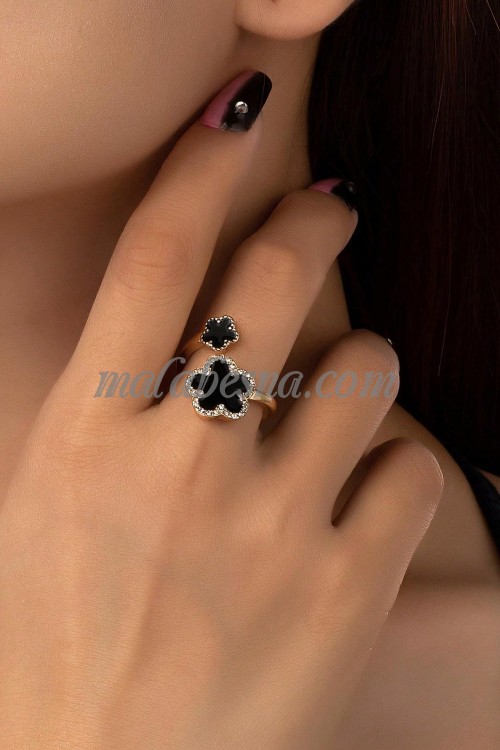 Golden Open ring with black flower