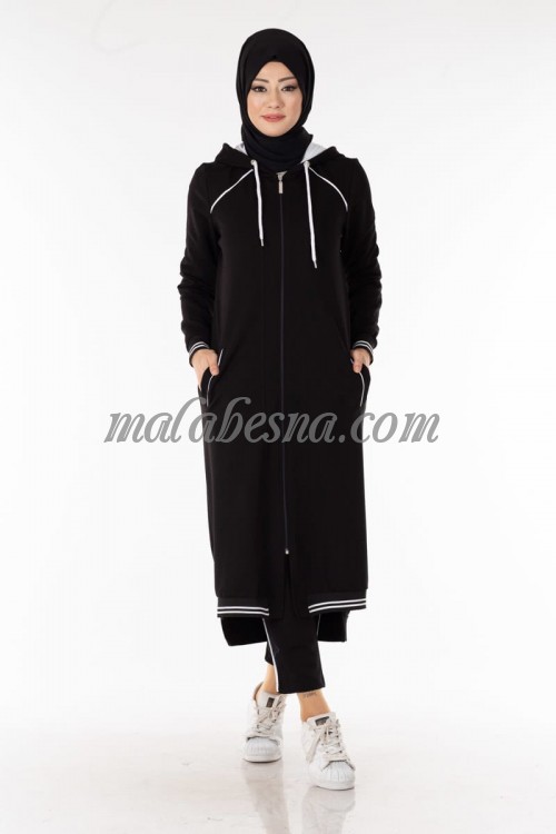 Black training suit with long jacket and pants with two white lines on sleeves 