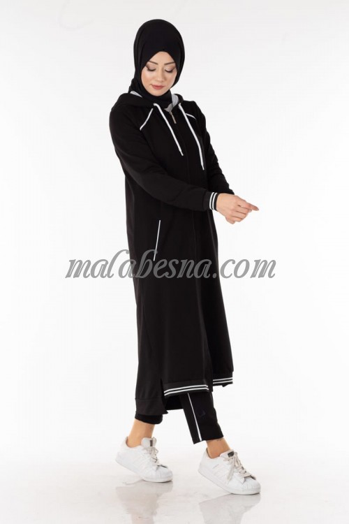 Black training suit with long jacket and pants with two white lines on sleeves 